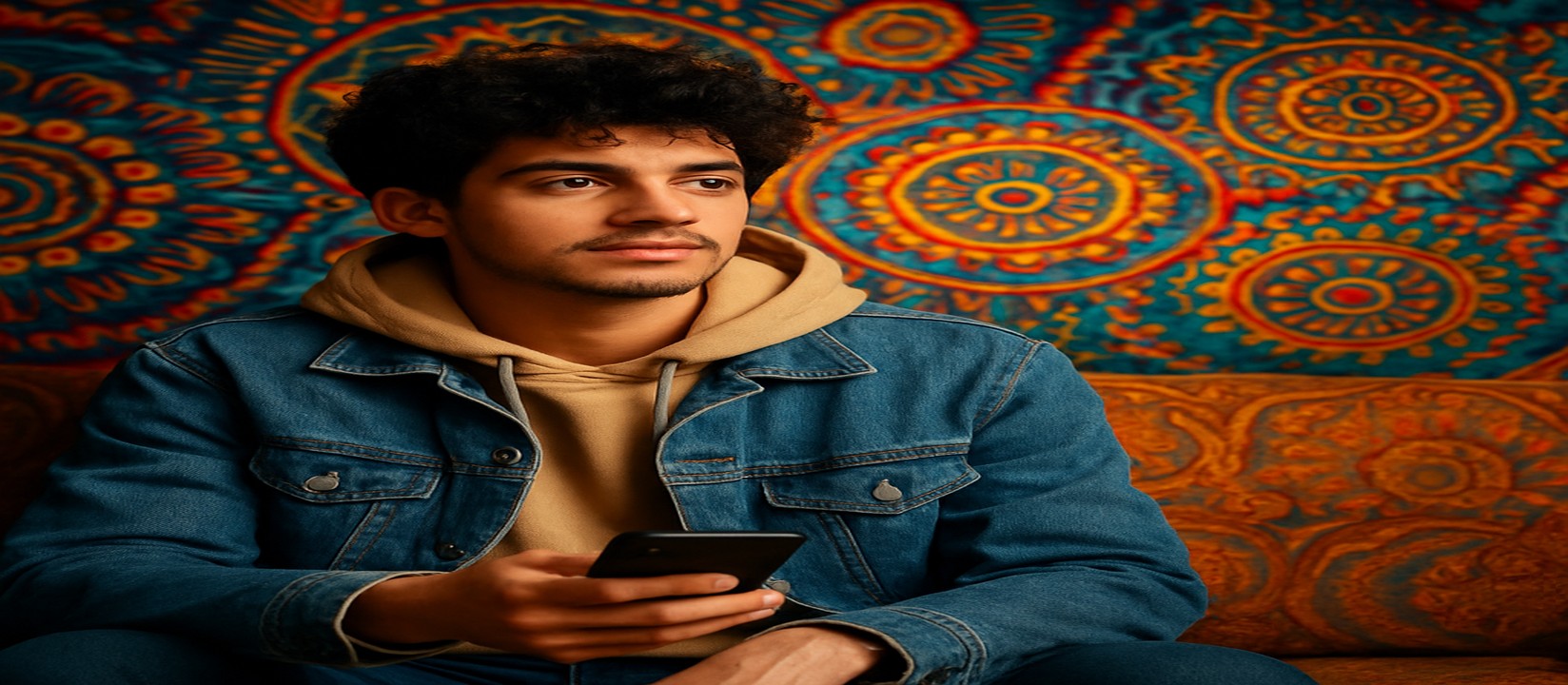 সোফায় আরাম করে বসে একজন ব্যক্তি স্মার্টফোনে v7v7 অ্যাপটি ব্যবহার করছেন