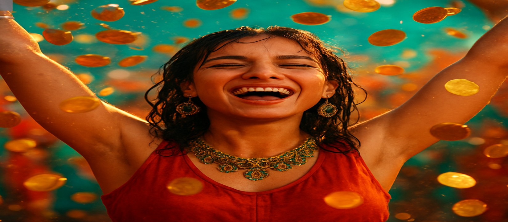 মুদ্রার প্রবাহের মাঝে রঙিন পোশাকে এক নারী — v7v7